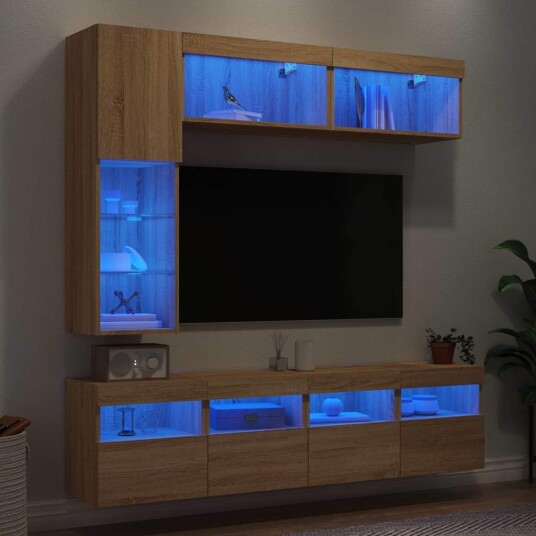 Vegghengte TV benker med LED 7 stk sonoma eik Vegghengte TV benker med LED 7 stk sonoma eik