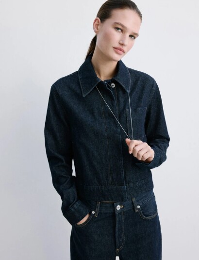 Mango Fitted Denim Jacket With Pockets   Navy   M