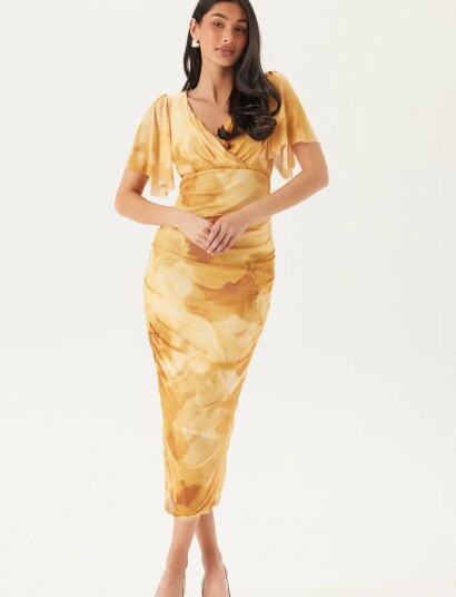 Bubbleroom Butterfly Sleeve Mesh Ankle Dress Yellow S