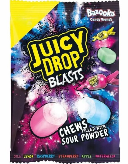Hancocks Pose med Bazooka Juicy Drop Blasts Karameller med Surt Pulverfyll 120 gram