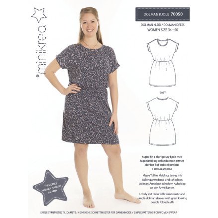 MiniKrea Snittmønster 70050 Dolman Kjole Str 34 50