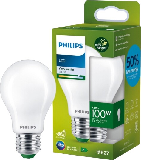 PHILIPS LED-PÆRE E27 7,3W 4000K, FROSTET GLASS