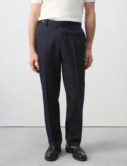 Mango Slim Fit Lyocell Linen Trousers   Navy   42