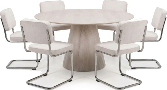 Siena spisegruppe rund 150 cm hvitlasert med 6 Milva spisestoler Hvitlasert/Beige/krom