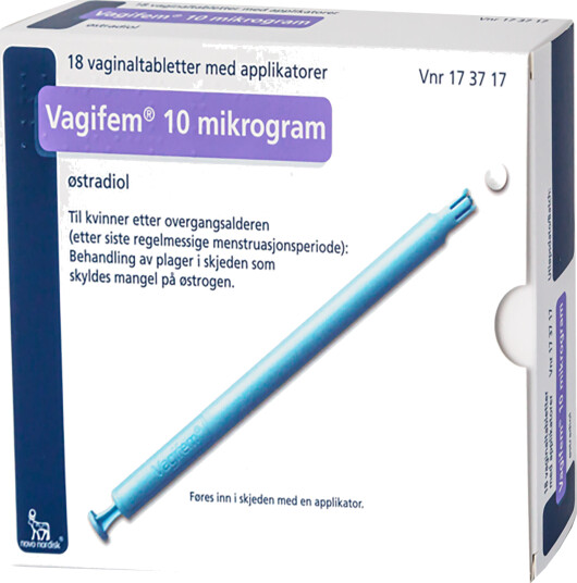 Vagifem Vagitorie tablett 10µg m/applikator, 18 stk. Vagifem Vagitorie tablett 10µg m/applikator, 18 stk.