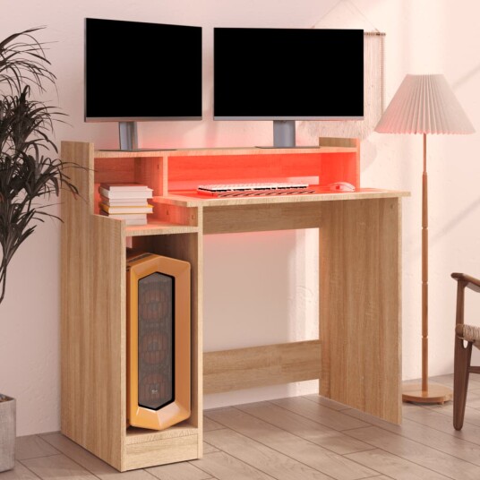 vidaXL Skrivebord med LED-lys sonoma eik 97x90x45 cm konstruert tre