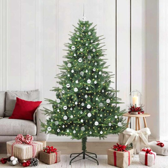 Kunstig forhåndsbelyst juletre med kule sett grønn 210 cm