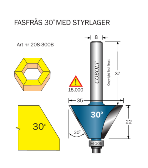 Cobolt 208-300B Kantfres 30° D=35 L=22 F=12,5 TL=70 S=8 Maskintilbehør & forbruk