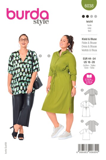 Burda 6038 - Kjole og bluse EUR: 44-54, US: 18-28