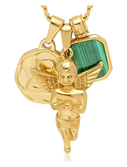 NIALAYA Men"s Gold Talisman Necklace With Angel And Malachite Pendant Guld 22" NIALAYA Men"s Gold Talisman Necklace With Angel And Malachite Pendant Guld 22"