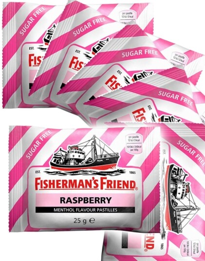 24 stk Sukkerfri Fisherman"s Friend med Smak av Raspberry 25 g   Hel Eske