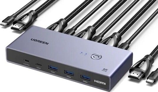 UGREEN 8K HDMI KVM Switch 4 USB 3.0 Ports 3 USB A + 1 USB C 2 HDMI Cables 2 USB Cables and Controller UGREEN 8K HDMI KVM Switch 4 USB 3.0 Ports 3 USB A + 1 USB C 2 HDMI Cables 2 USB Cables and Controller