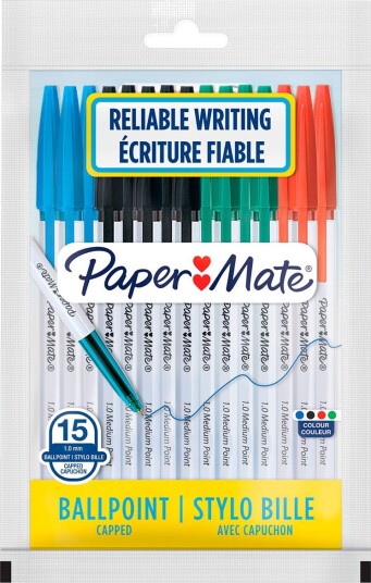 Paper Mate Kulepenn 1mm 15 Stk Svart Rød Grønn Blå