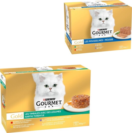 Gourmet Våtfôr Jumbopakke Gold + Fin Pâté Blandet Pakke På Kjøpet Raffinert Ragout + Grønnsaker + Blandet Kjøtt Kanin Kalv Kylling Kalkun Lam Okse 96 X 85 G 24 X 85 G 96 X 85 G 24 X 85 G