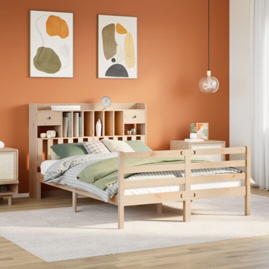 Seng med bokhylle uten madrass 150x200 cm heltre furu 8721158607270