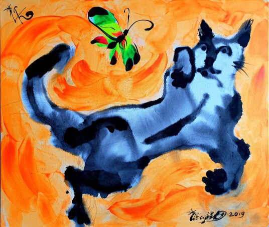 Namly Design Plakat Lekende katt og sommerfugl POSTERSQUARECVNPFY