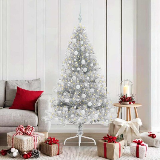 Kunstig Forhåndsopplyst Juletre med 300 LED sølv 180 cm PET