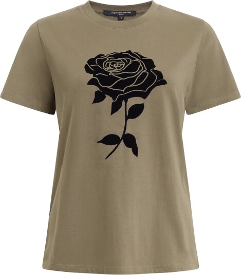 French Connection Rose Flocked T Shirt KHAKI GREEN/BLACK XS