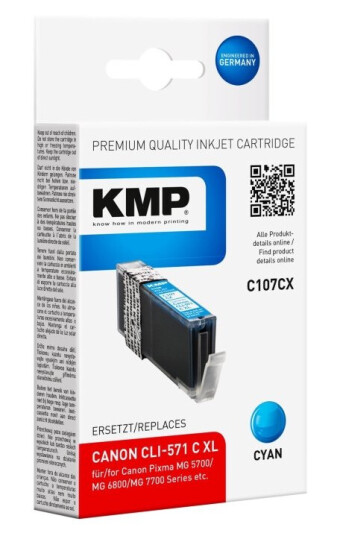 Kmp C107cx - 11 Ml - Høy Ytelse - Cyan - Kompatibel - Blekkpatron (Alternativ For: Canon 0332C001 Canon Cli-571Cxl) - For Canon Pixma Ts5051 Ts5053 Ts5055 Ts6050 Ts6051 Ts6052 Ts8051 Ts8052 Ts9050 Ts9055