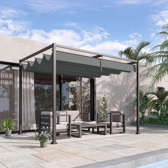 Pergola Gazebo uteplass med skyvetak 298 x 213 x 221 cm grå værbestandig polyester for hage og terrasse