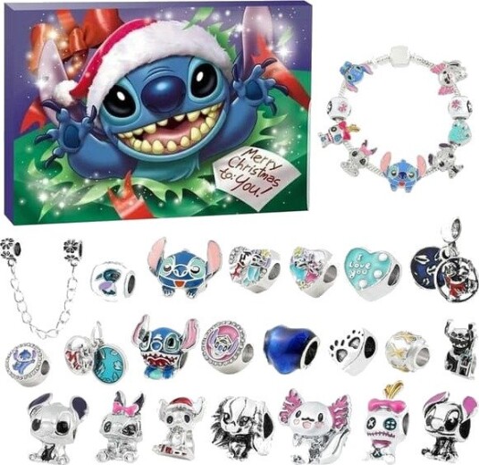 Stitch Julekalender Armbånd 2025 for Jenter 24 Dager Nedtellingskalender til Jul DIY Smykkelagingssett 22 Charms 2 Armbånd