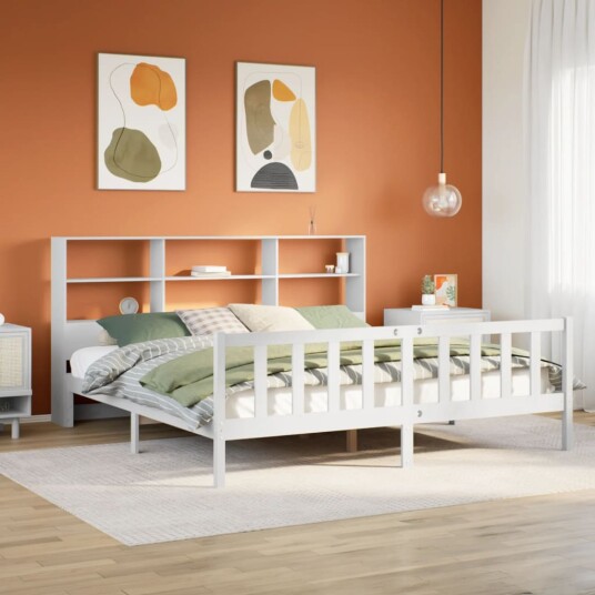Seng med bokhylle uten madrass hvit 200x200 cm heltre furu 8721158605009