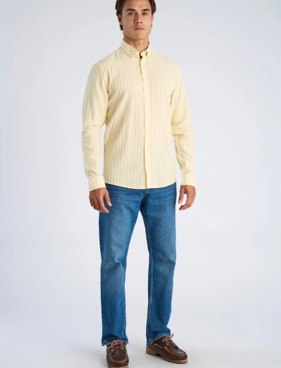 Lindbergh Wide Striped Cotton/Linen Shirt L/S Yellow XL Lindbergh Wide Striped Cotton/Linen Shirt L/S Yellow XL