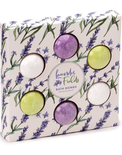6 Pack Lavender Fields Badebomber med Duft av Lavender i Gavepakke 420 gram