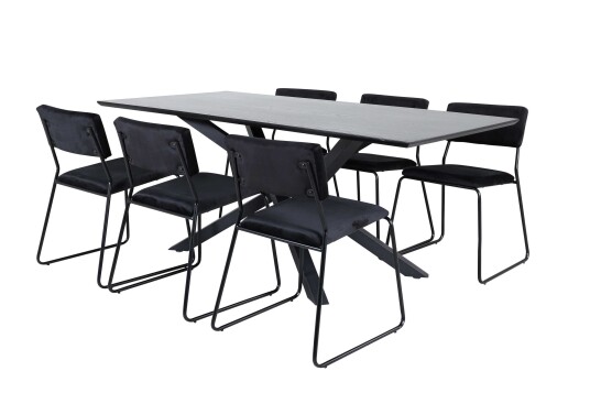 Venture Design Piazza & Kenth spisegruppe Svart/svart 6 stoler & bord 180 x 90 cm