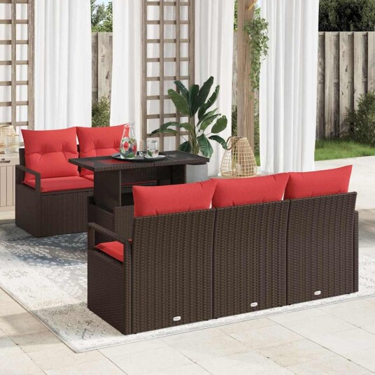 vidaXL Hagesofa Set 6 stk. 5-Antall seter Brun og rød polyrotting