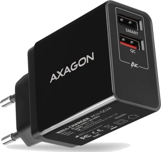 Axagon ACU-QS24 Strømadapter - 24 Watt - 3 A - Qc 2.0, Qc 3.0, Afc, Huawei Fast Charge - 2 Utgangskontakter (Usb-Type A) - Svart