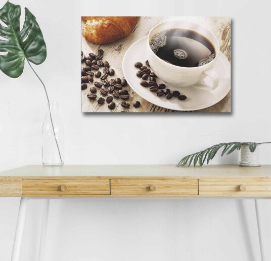 Lerretsbilde med LED belysning Kopp svart kaffe og kaffebønner på et bord Svart / Brun / Hvit