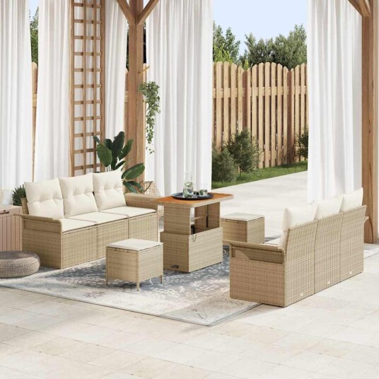 9-delt hagesofaset med puter i beige poly rattan og akasie.