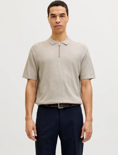 Jack & Jones Jjeemil Knit Zip Polo Ss Sn Beige L
