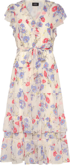 Lauren Ralph Lauren Floral Belted Georgette Tiered Dress   Cream   32