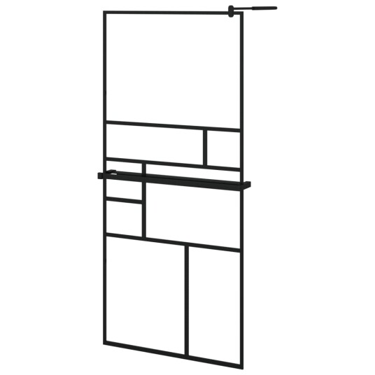Dusjvegg med hylle svart 90x195 cm ESG-glass og aluminium
