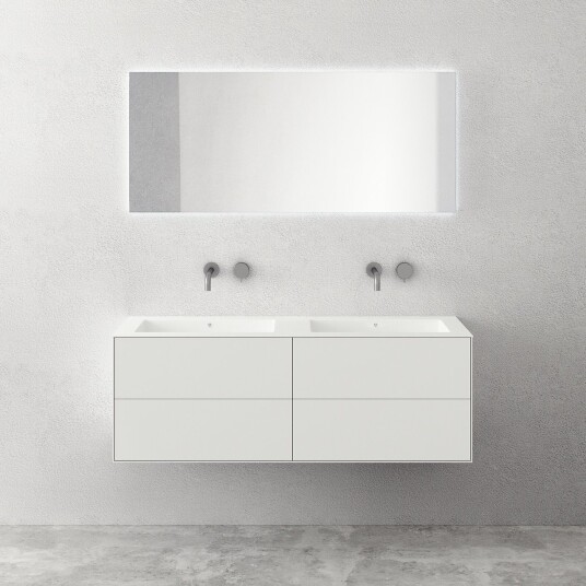Copenhagen Chic 140D Skap med 4 skuffer dobbel vask og understell i Glacier White Corian® matt hvit