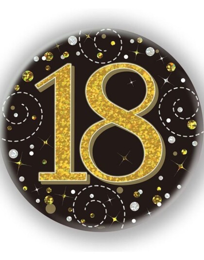 18 års Feiring Svart og Gullfarget Holografisk Stor Button/Badge