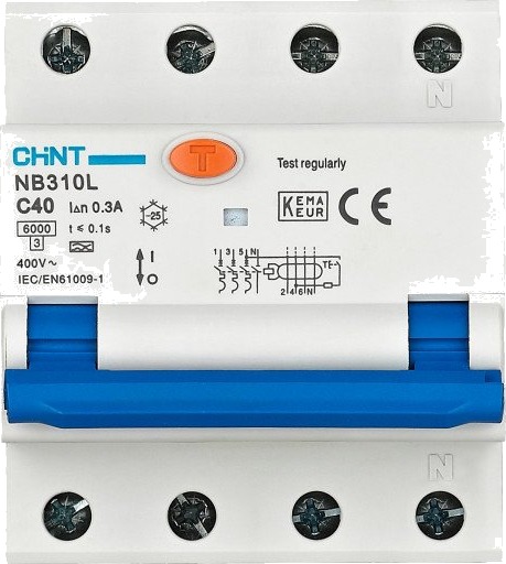 Chint Kombinasjonsbryter RCBO Chint, 3P+N, C-karakteristikk, 40A, 300mA, 6kA