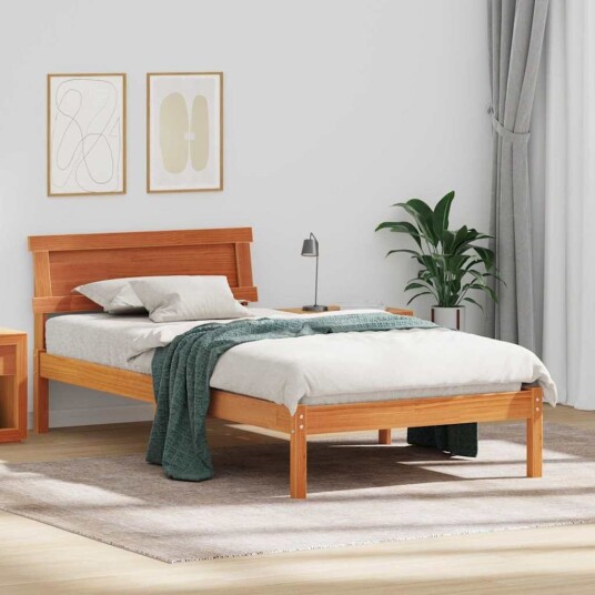  Sengestamme med LED  stripelys med hodegjerde Voksbrun 75 x 190 cm Furu tre