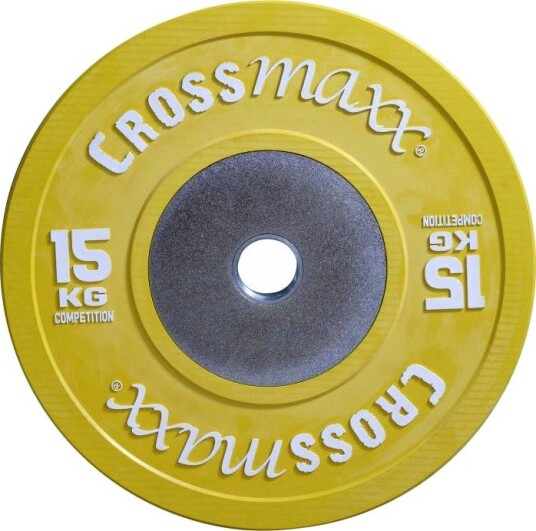 Crossmaxx Competition vektskive 15 kg gul. Av vulkanisert gummi slitesterk kvalitet. Til vektløfting crossfit og funksjonell trening