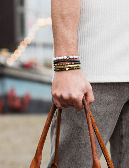 edd. Leather/Beads Combo Bracelet   Black   M 20 cm