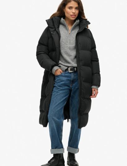 Superdry Longline Hooded Puffer Jacket Black S