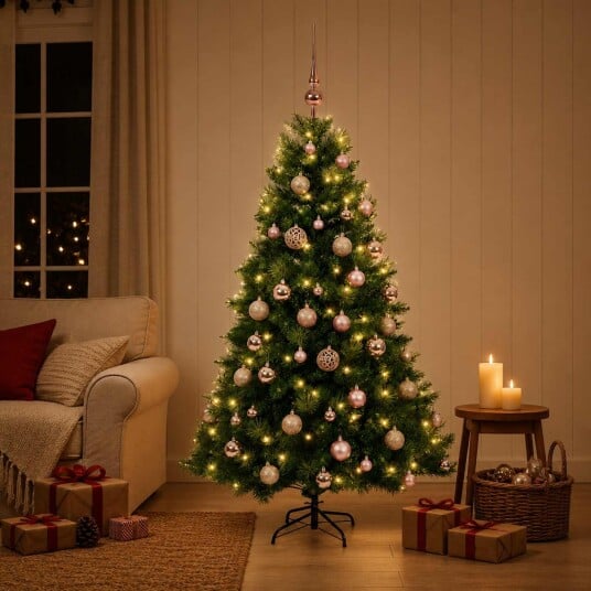 vidaXL Kunstig juletre med julekuler 120 cm 150 LED-lys Varmhvit