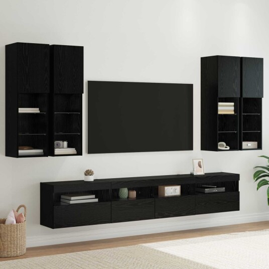  TV veggskapsett med LED lamper 7 pcs Svart Eik 100 x 30 x 40 cm