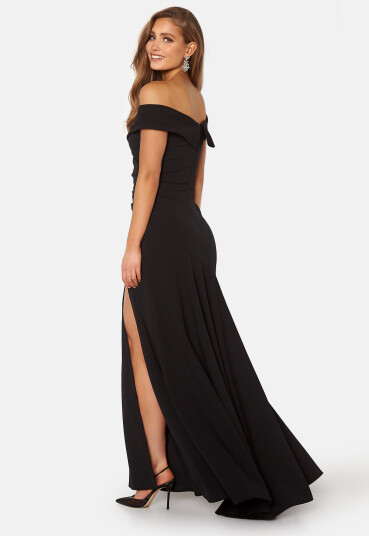 Goddiva Bardot Pleat Maxi Split Dress Black XXL (UK18)