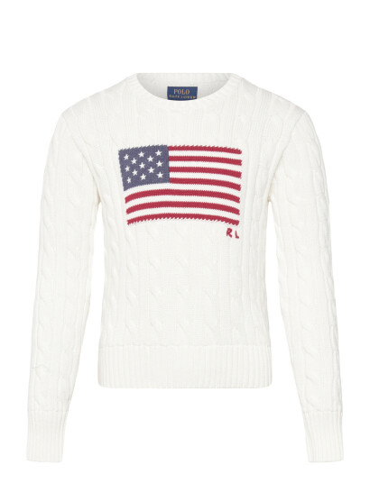 Ralph Lauren Kids Cropped Cable Knit Flag Cotton Sweater White 129 130