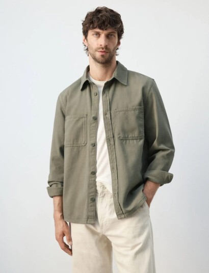 Mango 100% Cotton Overshirt With Pockets   Khaki green   XXL