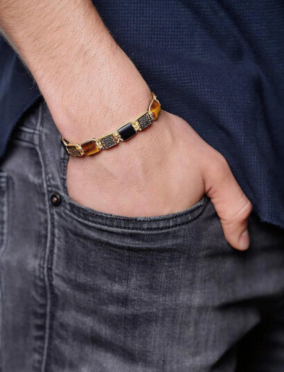 Nialaya The Dorje Flatbead Collection   Matte Onyx And Brown Tiger Eye   Brown   L