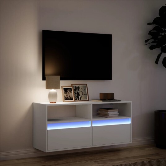 Vegghengt TV-benk med LED hvit 100x31x45 cm 852334
